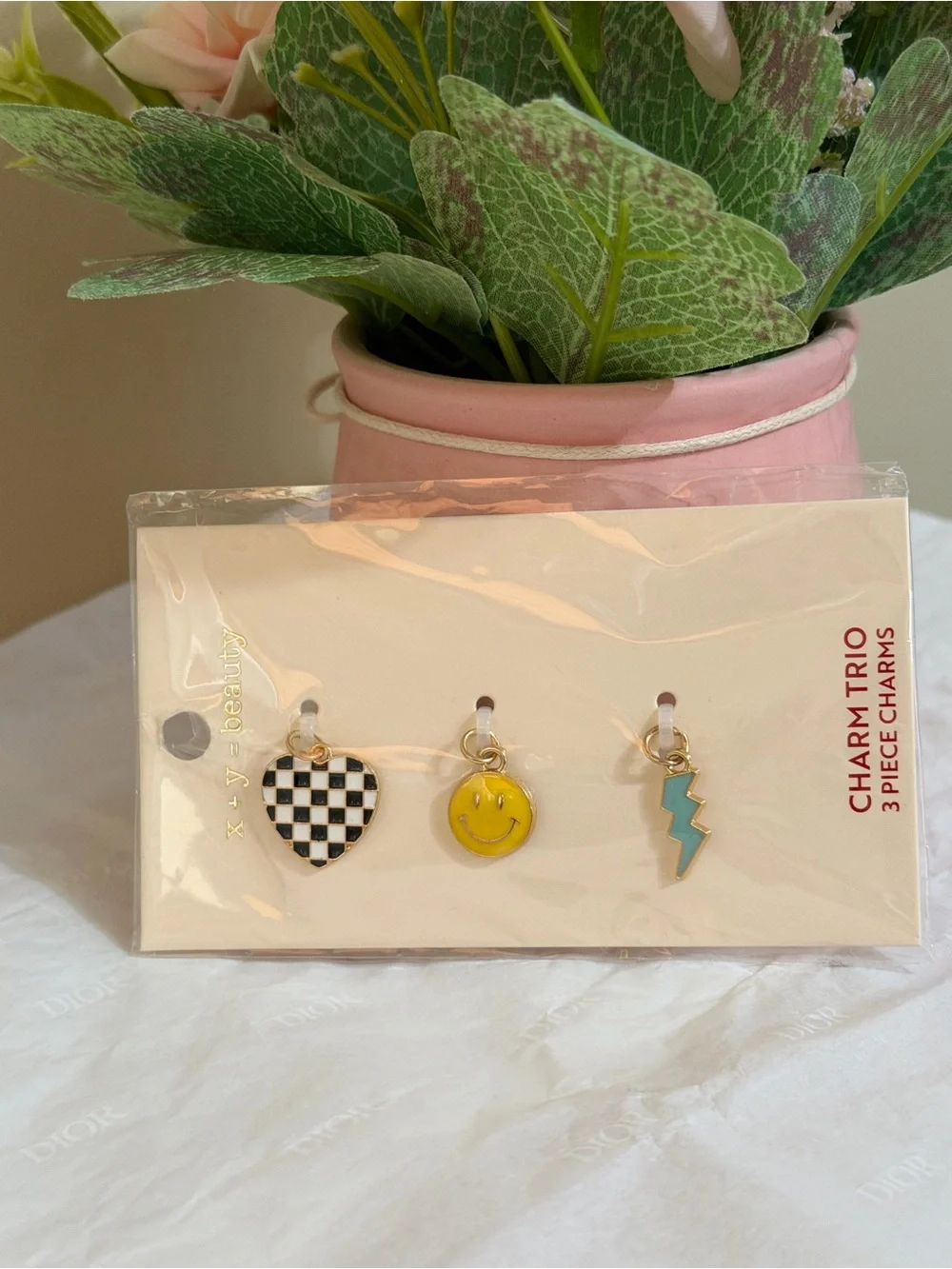 Beauty Charm Trio - Checkered Heart, Yellow Smile, Blue Lightning